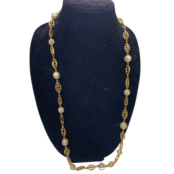 Vintage Jewelry - Vintage 33" Faux Pearl Art Deco Long Gold Toned Chain Link Necklace